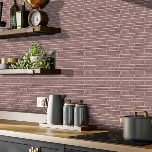 Mosaikfliesen Rosa Braun Ziegel Klebefliesen Küche Wasserdicht PVC Fliesensticker Selbstklebende Klebefolie Fliesen Dekorative Fliesenaufkleber Bad 24.6x12cm/48 Stück