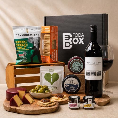 Red Wine & Cheese Gift Hamper, 8 Items Wine Gift, 2 Cheeses, Crackers | Luxury Cheese Hamper Gift Set for Foodies, Couples & Gifting Hampers by FodaBox