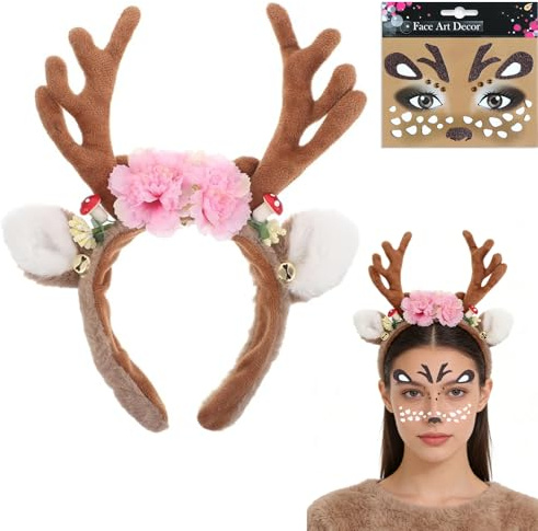 Gleevio Reh Haarreif Damen & Gesichtstattoo Karneval,Gesichtstattoo Reh Kostüm Damen Kinder,Rentier Geweih Haarreif Fasching mit Blumen,Rentier Schminke Rehohren Stirnband für Fasching Kostüme Zubehör