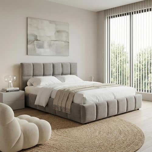 IDIMEX Polsterbett Emilia 140x200 cm, Grau - Bett mit Lattenrost, Bettgestell mit gepolstertem Kopfteil, Stoffbett mit moderner Steppung, Modernes Design und stabile Konstruktion