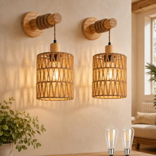IRONDELIC 2er-Pack Vintage-Boho-Wandleuchten aus Holz und Rattan, E27 | Handgeflochtener Schirm, Festverdrahtet Wandlampe Vintage, Boho für Schlafzimmer, Wohnzimmer, Flur und Treppenhaus