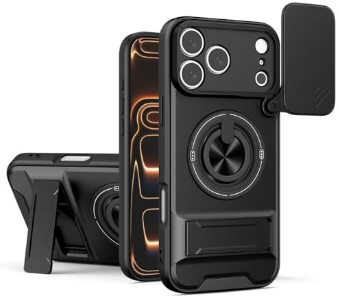 4-in-1 Protective Case with Camera Slider for iPhone 16 Case with Slide Camera Cover & Adjustable Kickstand, Shockproof Bumper Cases Magnetic Protective Cover (Black, For 17)