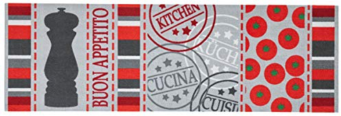 Zala Living Cook & Clean Läufer – rutschfest Teppichläufer Flachgewebe Kurzflor Teppich Küchenteppich Waschbar Küchenläufer Buon Appetito für Flur, Küche, Wohnzimmer – Grau Rot, 50x150cm