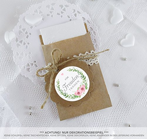 SET GROß: 48 Freudentränen Sticker + 48 braune Flachbeutel Kraftpapier - 63 x 93 mm für Freudentränen Taschentuch Verpackungen • Aufkleber ROSA GRÜN mit Blumenkranz • 4cm matt rund