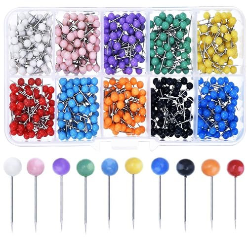 MINGZE 500 Stück Karte Push Pins Stecknadeln, Karte Reißnägel Kunststoff Kopf mit Stahl Punkt, Markierfähnchen Markierungsnadeln Markiernadeln Kleiner Kopf Pinnadeln, 10 Farben, 1,5 cm