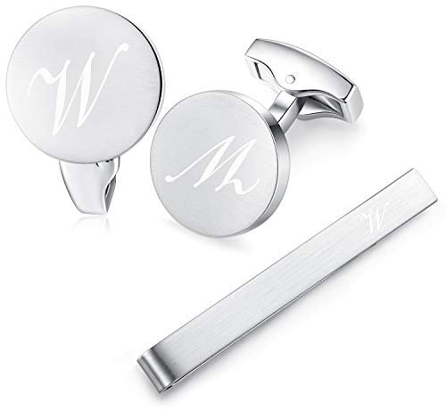 HONEY BEAR Manschettenknöpfe Krawattennadel Set Initialen Buchstabe Herren Edelstahl Hochzeit Cufflinks Manschettenknopf Silber (W Set)
