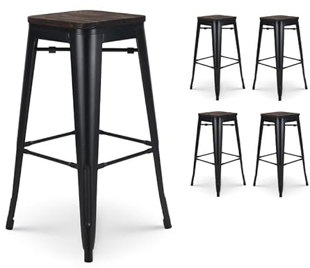 Kosmi - Lot de 4 tabourets de Bar en métal Noir Mat Style Industriel et Assise en Bois foncé - Hauteur 76 cm