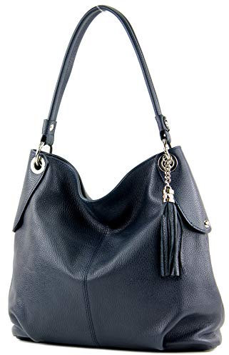 modamoda de T185 Damen Leder Schultertasche Handtasche handmade in Italy, Farbe:Dunkelblau