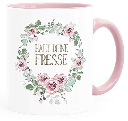 MoonWorks® Kaffee-Tasse mit Spruch individuell anpassbar Schimpfwörter Beleidigung Ironie Sarkasmus Geschenk lustige Büro-Tasse Halt deine Fresse rosa unisize