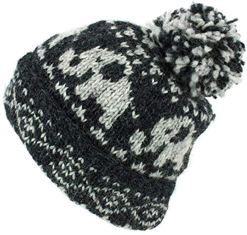 LOUDelephant Wolle Strick Beanie-Mütze mit Bommel - Elefant - Dunkelgrau Muster, One Size