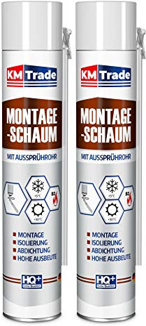 KM Trade Montageschaum mit Aussprührohr - PU-Bauschaum für Montage, Isolierung, Abdichtung, Innen & außen - 2 x 750 ml
