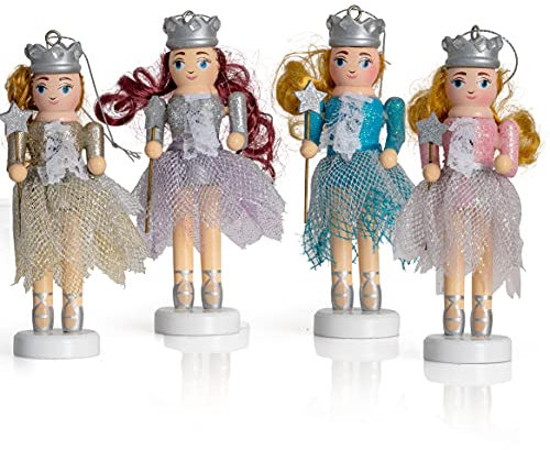Ornativity Nussknacker Hängende Ornament Figuren - Fee Ballett Mädchen Tänzerinnen Glitzer Weihnachten Mini Holz Kleine Ornamente Nussknacker Weihnachtsbaum Ornament Set - 4 Stück 12,7 cm