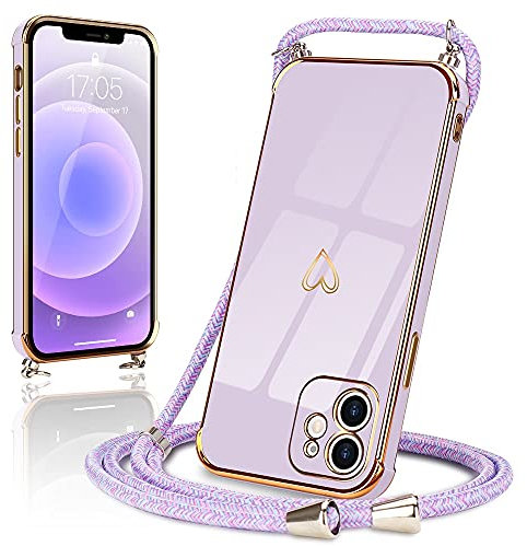 Micoden Handykette kompatibel mit iPhone 11 Hülle Ultra dünn Kameraschutz Herz Love Design Galvanik TPU Silikon Bumper Kordel zum Umhängen Handyhülle mit Band Schutzhülle,Lila