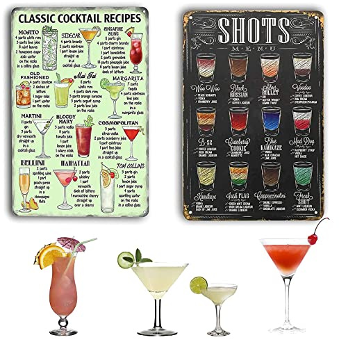 2 x Metal Cocktail Posters, Shoots Menu, Retro Deco Metal Plate Vintage Menu Metal Plate Vintage Iron Classic Cocktail 20 x 30 cm for Wall Cafe Bar Restaurant Hotel