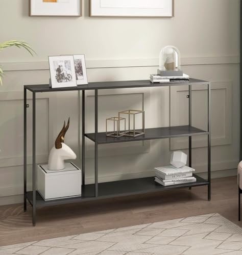 Hallowood Furniture Bewdley Black Console Table with 2 Shelves, Sturdy Slim Metal Console Table, Modern Telephone/Lamp/Plant Stand, Industrial Living Room and Hallway Furniture