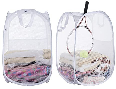 SYVOFOX 2 Stück Faltbarer Wäschekorb 36 * 36 * 56 Cm, Wäschekorb Klappbar Wäschetonne mit Henkel, Wäschebox aus Mesh Aufbewahrungskorb für Kinderzimmer College Dorm Camping Und Reisen (Weiss)