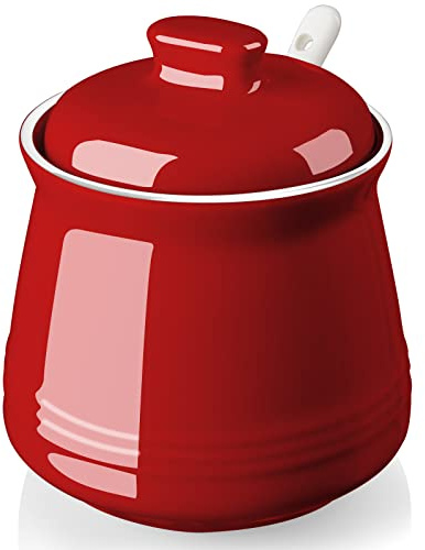 DAYYET Sugar Bowl with Lid and Spoon, 12 oz Ceramic Sugar Bowl with Spoon, Sugar Container for Coffee Bar, Sugar Jar Sugar Dispenser Bowl, Red Kitchen Decor and Accessories