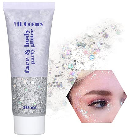 Bestauty Glitzer Make Up, Glitzer Body Damen Body Glitter Gel 50ml, für Gesicht Haare Lippen Nägel DIY, Long-Lasting für Festival Party Make-up Bastelglitzer Glitzer Gesicht Festival(#5 Silber)