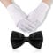 BBTO Fliege und Handschuhe Set Weiß Uniform Handschuhe und Schwarz Satin Fliege für Herren Anzug Vorgebunden Verstellbar Fliege