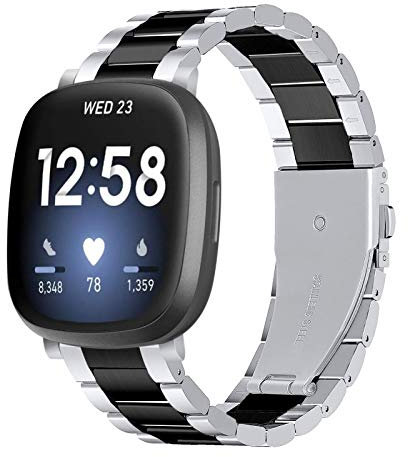Limque Edelstahl-Armband kompatibel mit Fitbit Versa 4 / Fitbit Sense 2 / Fitbit Versa 3 / Fitbit Sense, verstellbare Metall-Uhrenarmbänder, Armband-Ersatz für Damen und Herren (Schwarz Silber)