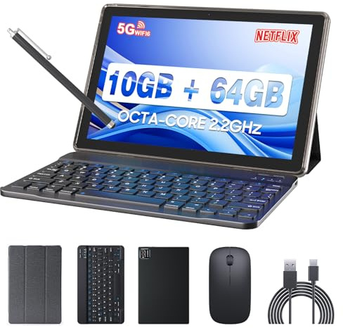 YQSAVIOR Tablet MTK8768 Octa-CORE 10.1Inch RAM 10GB(4GB+6GB Expand) +64GB ROM+1TB Expandable Computer PC with Case/Keyboard/Mouse, IPS 1280 * 800 Screen, 2+8MP Dual Camera, WiFi, BT, (Black Kit)