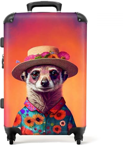 NoBoringSuitcases.com® Koffer groß Trolley Rollkoffer Reisekoffer mit 4 Rollen Fotokoffer - Erdmännchen - Blumen - Hut - Tiere - Porträt - 67x43x25cm - 90 Liter