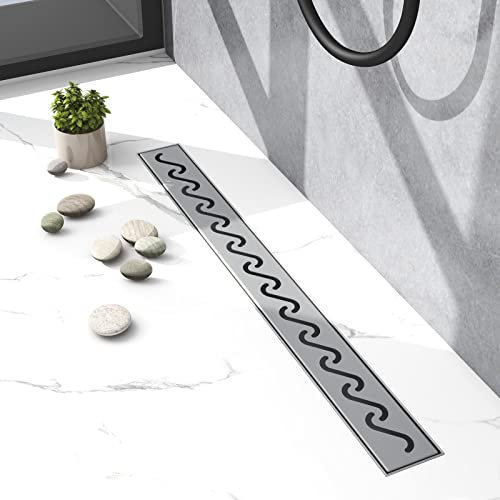 Biubiubath Caniveau de douche en acier inoxydable de 60 cm, siphon avec système anti-odeurs, tamis à cheveux, siphon de douche pour salle de bain, kit complet avec fixation au sol – Vagues