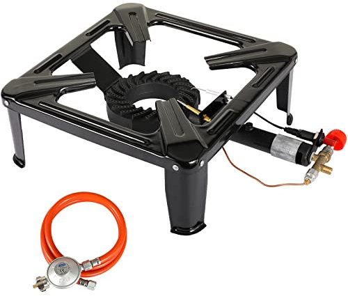 Hornillo de gas al aire libre, estufa de gas de camping de 4 pies, con manguera de gas propano de 1,5 m, regulador constante, para camping, pesca, picnic, caravana, 40 x 40 x 16 cm