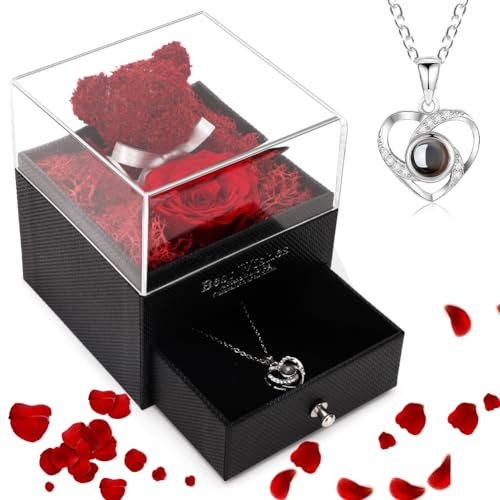 Gohytal Muttertag Ewige Rose Box, Eternal Rose mit Herz Halskette und Bär Geschenk für Mama, Damen Halskette, Kette Geschenk für Frauen Freundin Mama Zum Muttertag Geburtstag, Hochzeit, Jubiläum