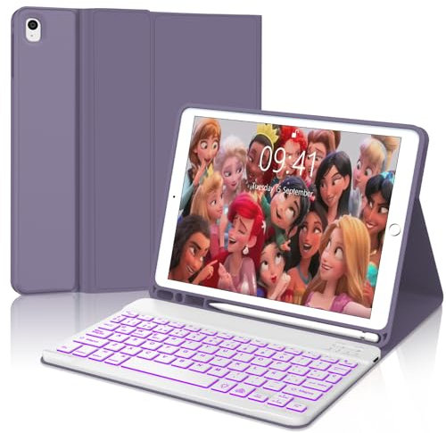 Teclado iPad 9 Generacion 2021, Teclado iPad 10.2, Funda Teclado Español Ñ Bluetooth Desmontable Retroiluminados para iPad 9.ª 2021 , iPad 8.ª , iPad 7.ª , iPad Air 3, iPad pro 10.5, Púrpura lavanda