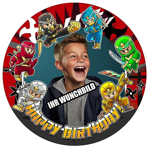 J&M DECO Personalisiert Tortenaufleger PREMIUM Ninja Motiv Essbare Wunschfoto-selbst gestalten Fondant Rund Ø20CM