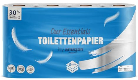 by Amazon Toilettenpapier, 3-lagig, 8 Rollen (8 Rollen, 1-er Pack) 200 Blätter pro Rolle, FSC-Zertifiziert