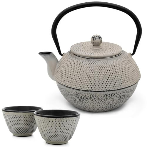 Asia Teekanne Gusseisen Set 1.1 Liter- großer grauer Teekessel & Edelstahl Tee-Filter Sieb-Einsatz für losen Tee & Teebecher (2 Tassen)