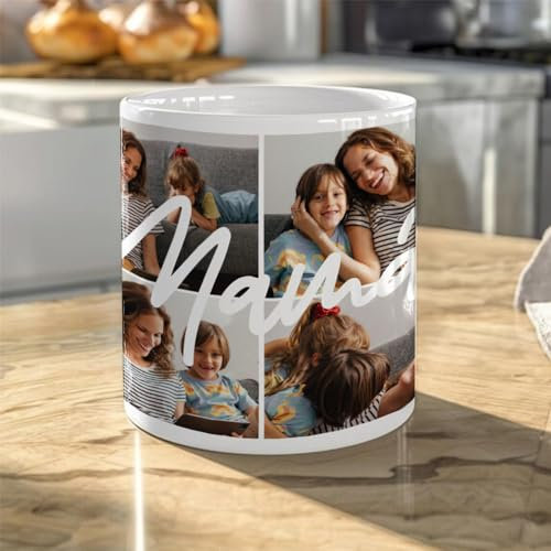 Transparent Gift Taza Personalizada con Cuatro Fotos Mamá Trazo Blanco. Tazas Originales para Regalar en Día de la Madre. Regalos Personalizados con Foto. Regalos Originales para Mujer. Regalos Madres