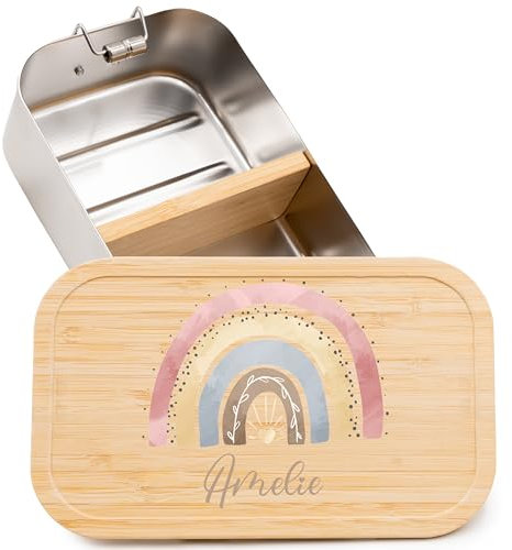 Kidsmood - Personalisierte Brotdose Kinder mit Fächern, Edelstahl Lunchbox mit Bambusdeckel | Schadstoffrei bedruckt, mit niedlichem Tier-Motiv & Namen, Geschenke zur Einschulung Mädchen & Jungen