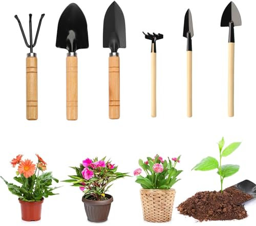 Mini Garden Tools Set, 6pc Home Gardening Kit - Small Shovel, Rake, Spade, Hand Tools for Small Flower Garden Plants
