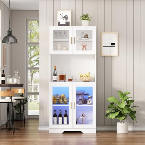 Modernes weißes Highboard, 4 Glastüren mit beweglichen Trennwänden - B80 cm, H170 cm, Highboard mit Ambientebeleuchtung, Vitrine, Highboard für Esszimmer, Sideboard für Wohnzimmer, Highboard für Küche