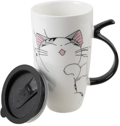 lachineuse – Taza gigante gato Kawaii Funny Cat 600 ml – Taza grande XXL blanca de porcelana – Taza japonesa de té y café – con tapa isotérmica – Funny Cat – Taza de regalo de Japón Asia – Taza