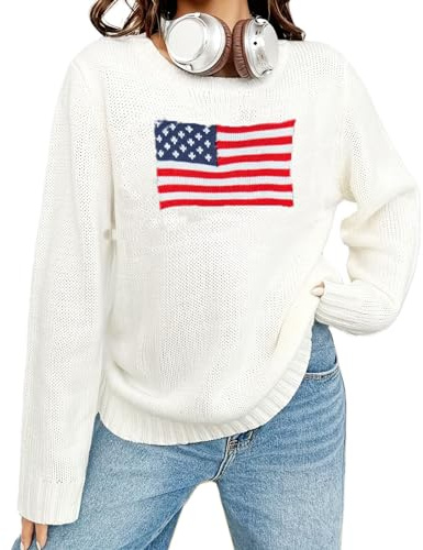 Caziffer Women American Flag Sweater Vintage Crewneck Jumper Top USA Knit Pullover Sweatshirt Preppy Striped Sweater