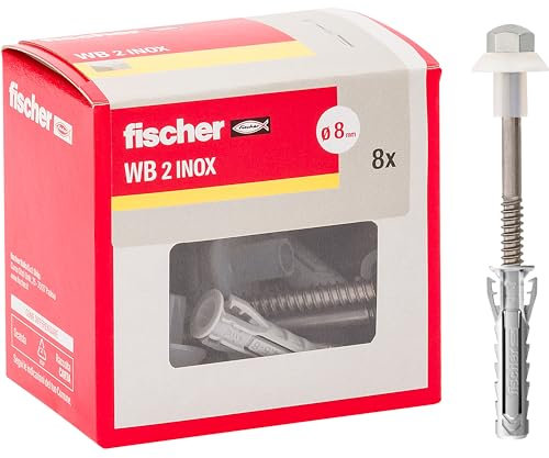 Fischer WB 2 INOX Tasselli per Water WC e Bidet a Pavimento con Foro Verticale, 8 Pezzi, Vite in Acciaio Inox AISI 430 e Dado Nichelato
