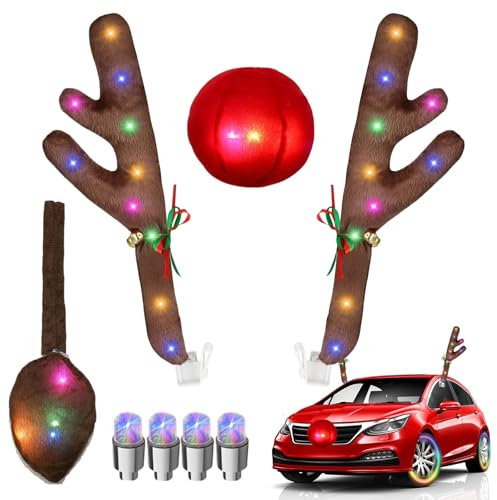 HUIKUANGEU Rentier Auto,Weihnachten Auto Rentier Geweih,Auto Rudolph Rentier,Rentiergeweihe Auto Weihnachtsdeko,Auto Plüsch Rudolph Kostüm,Auto Deko mit Geweih,Augen,Nase und Schwanz