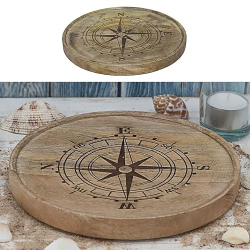 Cepewa Piatto decorativo a forma di rosa dei venti | colore naturale Ø 25 cm x 4 cm legno di mango | bussola