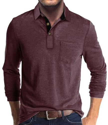 Poloshirt Herren Business Mode Shirt Herren Komfortabel Casual T-Shirt Herren All-Match Klassisch Einfarbig Lose Longsleeve Hemd Herren N-Dark Red L