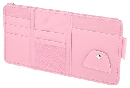 INFINAUTO Car Sun Visor Organizer, Auto Visor Storage Pouch with Zipper W/Elastic Slot with Sunglasses Holder for Cards License Pen Organizer PU Leather Pink