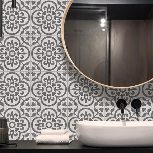Mosaikfliesen Grauer Mandala-Druck Fliesenaufkleber PVC Hitzebeständig Klebefliesen Küche Bad Wasserdicht Tile Sticker Ölfest Selbstklebende Fliesen Badezimmer Küchenrückwand 20x20cm/36 Pcs