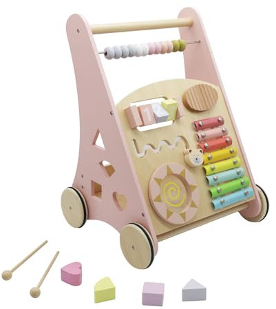 Trotteur en Bois pour Bébé avec Xylophone - Jouet Éducatif Activity Walker ~ Baby Walker, Jeu à Douille (Rose/Naturel)