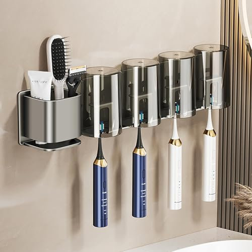 UUE Zahnbürstenhalter, 4 Fächer ZahnbüRstenhalter Elektrische ZahnbüRste für Zahnbürsten und Zahnputzbecher, Edelstahl ZahnbüRsten Halter mit 4 Bechern, ohne Bohren, Selbstklebend, für Badezimmer