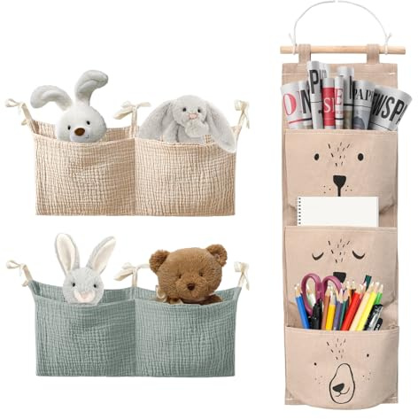 Hnonoxy 2 Stücke Baby Kinderbett Organizer，Kinderzimmer Hängender Bett Organizer mit 1 Wand Hängen Tasche, Faltbare Hängetasche mit 3 Taschen für Badezimmer,Kinderzimmer,Schlafzimmer