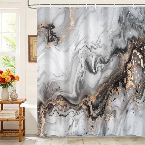 Kzzfqxb Rideaux de Douche 180x200cm avec Crochets, Flux d'eau occlus imperméable en marbre Gris Noir Flux de Sable doré Vague Moderne pour Le Bain, Tissu Polyester pour Baignoire de Salle