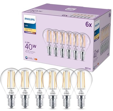 Philips LED Classic Lampadina Sferetta, equivalente a 40 W, trasparente, attacco E14, Luce Bianca Calda 2700K, confezione da 6